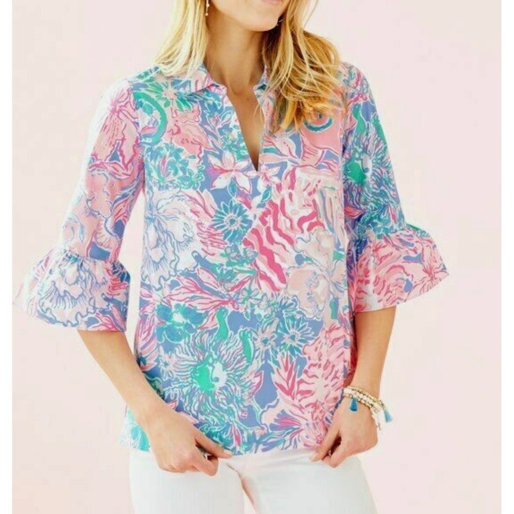 Lilly Pulitzer PinkBlue Floral bell M preppy resort dainty colorful shirt blouse